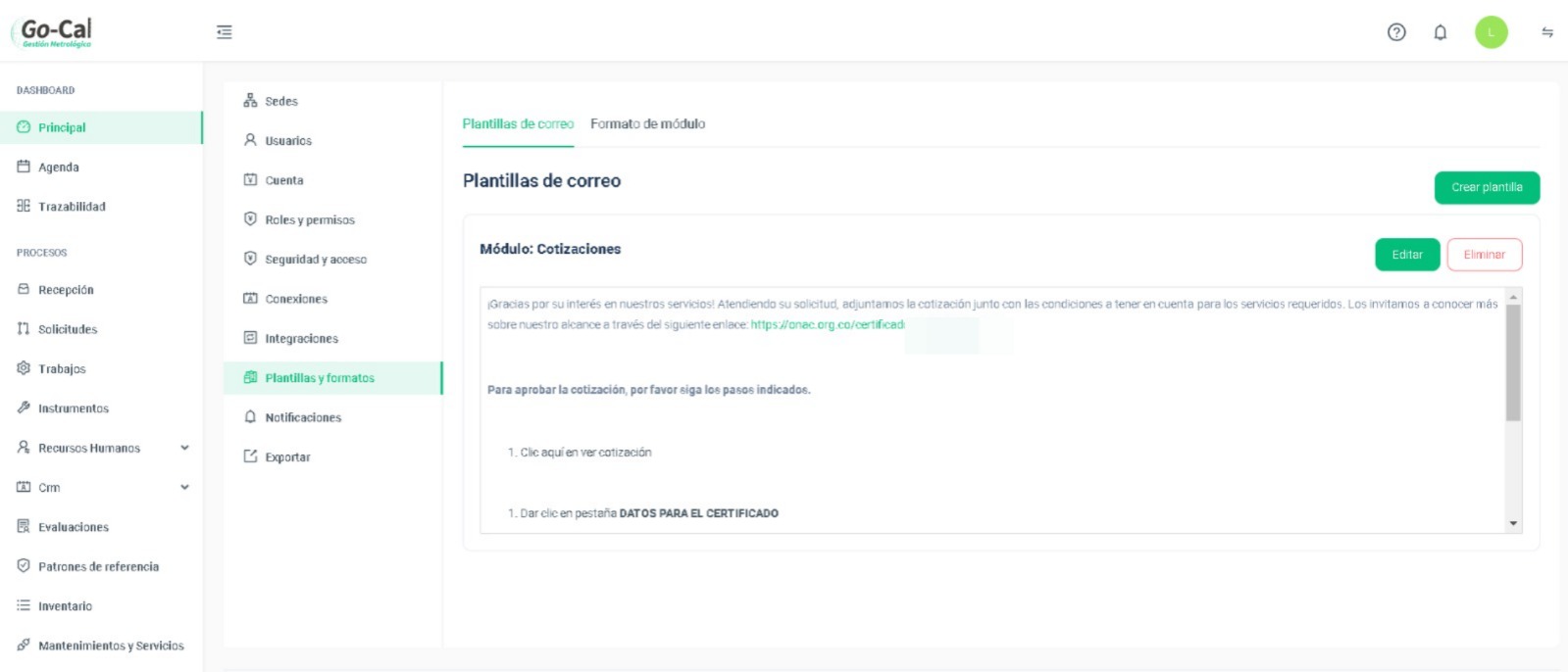 Interfaz de Plantillas de Correo en Go-Cal